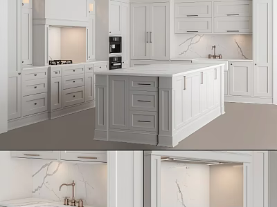 Elegant Modern Kitchen Interior With White Cabinets And Marble Island Countertop 3d model