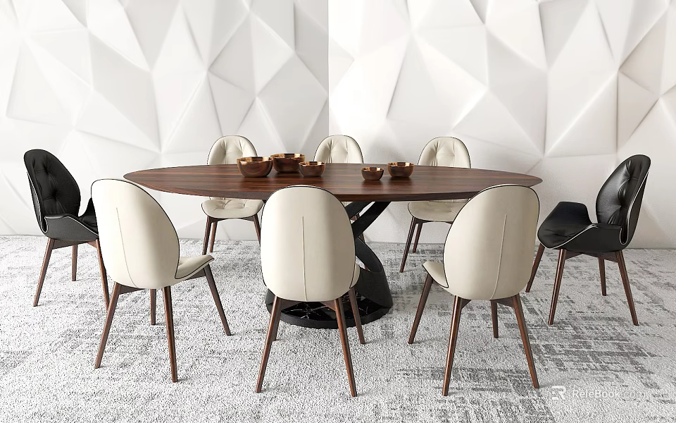 Round Brown Dining Table Set With White Black Chairs And Geometric Pattern Wall 3d model