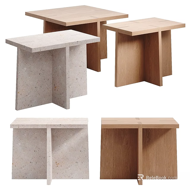 Modern Minimalist Stone And Wooden Coffee Tables With Sleek Geometric Bases Design 3d model 
