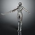 3D Detailed Silver Armored Female Warrior Statue Holding Large Sword Model