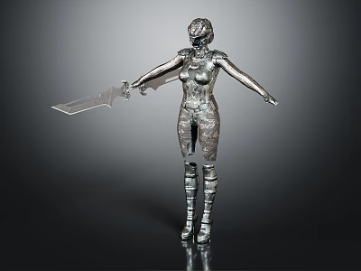 3D Detailed Silver Armored Female Warrior Statue Holding Large Sword Model 3d model