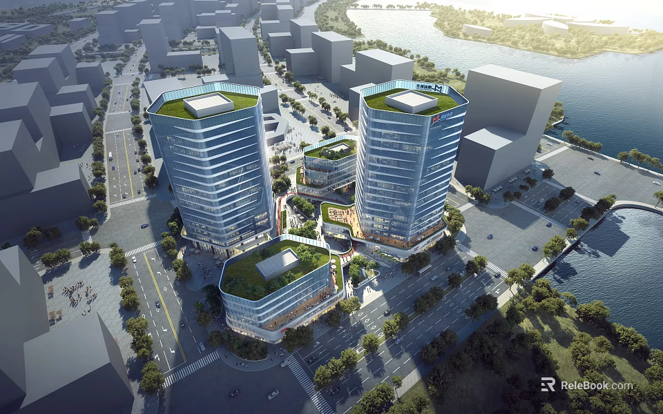 Modern Office Towers With Green Roofs In Urban Waterfront Setting 3d model 