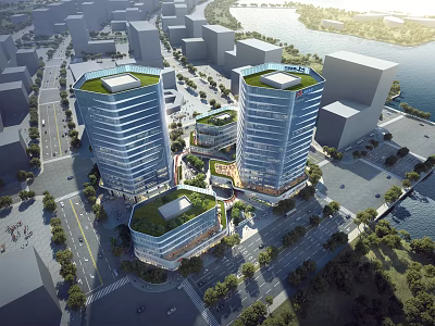 Modern Office Towers With Green Roofs In Urban Waterfront Setting 3d model