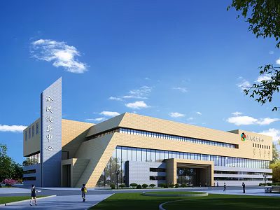 Modern Library Building With Geometric Design Glass Curtain Walls Green Lawn And Trees 3d model