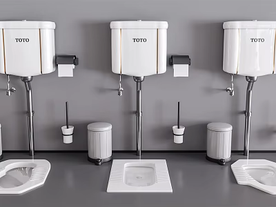 TOTO Toilets with Water Tanks Toilet Brushes and Trash Cans in Modern Bathroom Setting 3d model