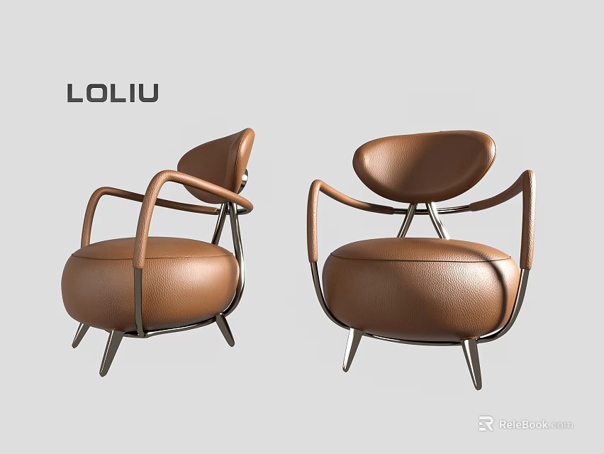 LOLIU Comfortable Brown Leather Leisure Chairs With Modern Metal Frame Design 3d model 