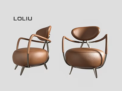 LOLIU Comfortable Brown Leather Leisure Chairs With Modern Metal Frame Design 3d model