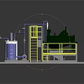 Industrial Processing Equipment Setup With Blue Tank Yellow Railings And Green Unit