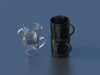 Transparent Glass Stacked Cups With Black Textured Mugs For Home Use 3d model