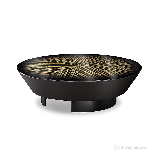 Modern Black Round Coffee Table With Elegant Gold Patterned Lines Design 3d model 