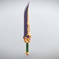 Fantasy Style Weapon With Curved Purple Blade Golden Ornament And Green Handle Design
