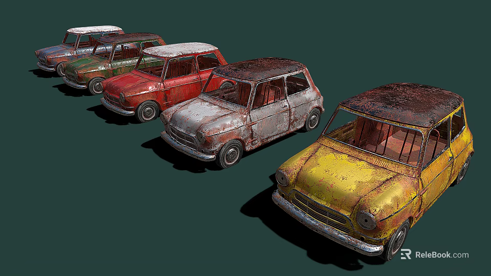 Vintage Rusty Cars in Various Colors Lined Up Against Dark Background 3d model 