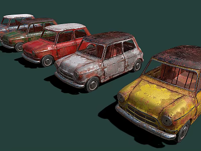 Vintage Rusty Cars in Various Colors Lined Up Against Dark Background 3d model