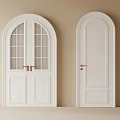 White Double Doors With Arched Top Glass Panes And Paneled Design Golden Handles Beige Wall