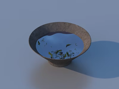 Decorative Stone Bowl With Water And Floating Leaves For Household Use 3d model