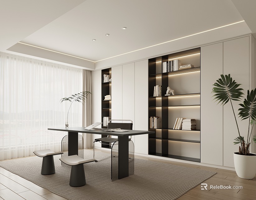 Modern Study Room Interior Design With Built in Shelves Books Wooden Table Stools And Potted Plant 3d model 