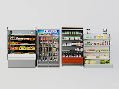 Commercial Display Refrigerators And Freezers Stocked With Fresh Fruits Vegetables Beverages And Dairy Products 3d model