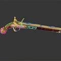 Antique Ornate Pistol With Golden Decorations Engraved Wooden Stock On Dark Surface With Reflection