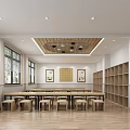 Hotel Mahjong Room Interior With Bright Ceiling Lights Wooden Tables Chairs And Decorative Paintings