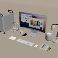 Modern White Desktop Computer Workstation With Monitor Keyboard Mouse Headphones And Desk Lamp