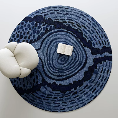 Deep Blue Round Rug With Concentric Circles Design Featuring Open Book And White Cushioned Seat 3d model