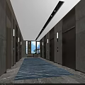 Modern Hotel Corridor Interior With Textured Walls Recessed Lighting Room Doors And Patterned Carpet