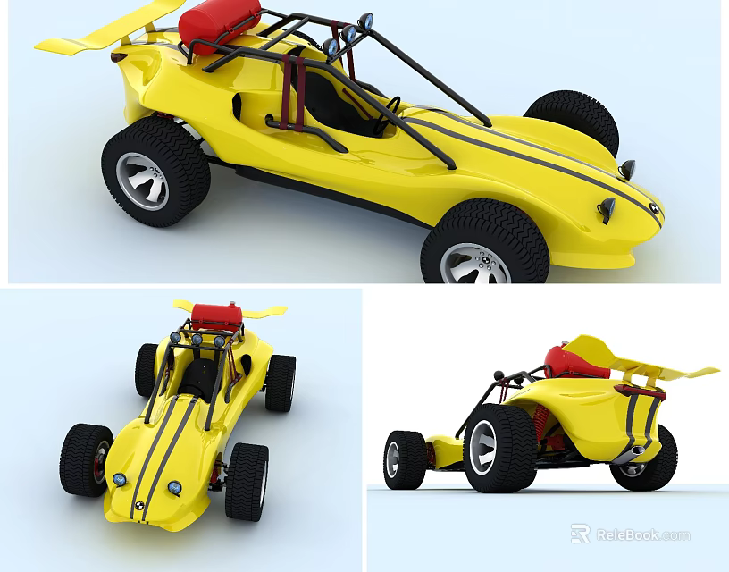Yellow Open Top Dune Buggy With Red Seat Black Frame And Large Wheels 3d model 