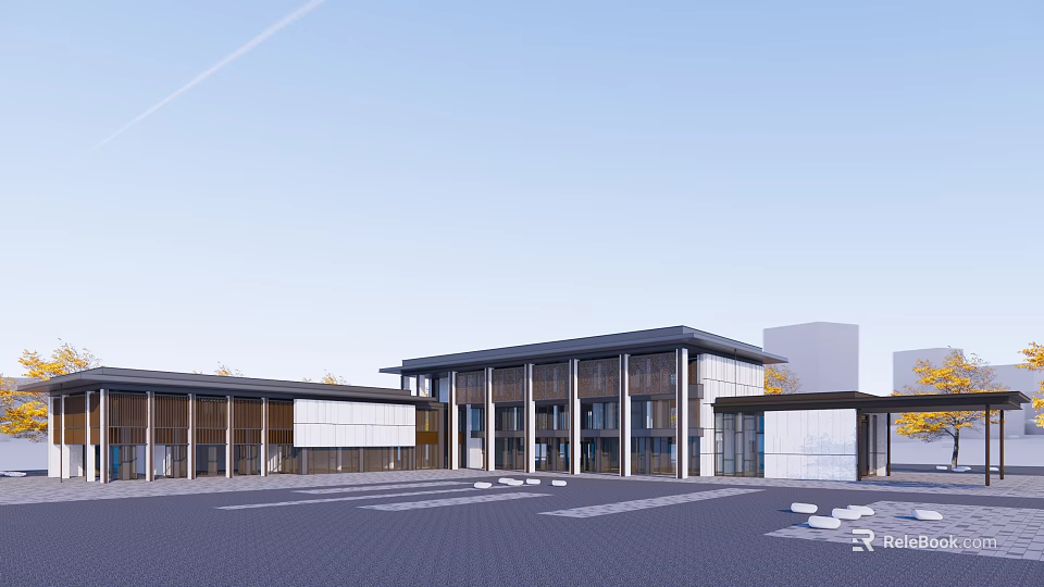 Modern Sales Office Building With Glass Facade Metal Structure And Spacious Entrance Plaza 3d model 