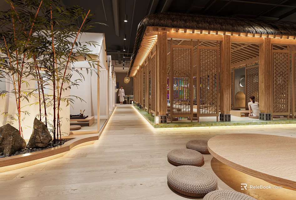 Relaxing SPA Sauna Environment With Bamboo Wooden Design And Stones 3d model 