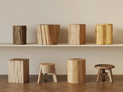 Natural Wooden Log Stools with Various Rustic Designs and Home Decor Styles 3d model