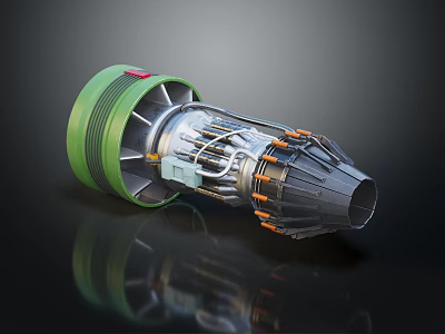 Detailed Cross Section View Of Industrial Engine With Green Casing Orange Connectors And Internal Parts 3d model
