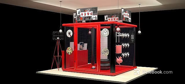 Tech Exhibition Hall Showcasing Various Clock Designs In Red Frame With Decorations 3d model