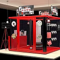 Tech Exhibition Hall Showcasing Various Clock Designs In Red Frame With Decorations 3d model