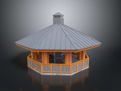 Outdoor Octagonal Gazebo Design With Gray Roof Wooden Pillars Railing And Cupola Top 3d model