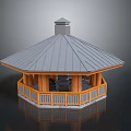 Outdoor Octagonal Gazebo Design With Gray Roof Wooden Pillars Railing And Cupola Top