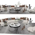 Modern Sofa and Coffee Table Set Featuring White Brown Cushions Round Table and Decorative Plants 3d model
