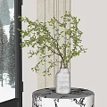 White Vase With Green Foliage On Patterned Round Table By Window With Snowy Pine View 3d model