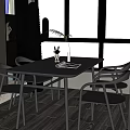 Stylish Black Dining Table Set With Chairs Green Plant And Window Blinds