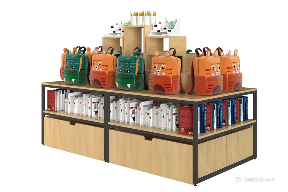 Children's Store Display Shelf With Cartoon Shaped Green Orange Crocodile Fox Backpacks And Books 3d model 