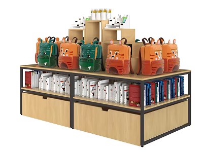 Children's Store Display Shelf With Cartoon Shaped Green Orange Crocodile Fox Backpacks And Books 3d model
