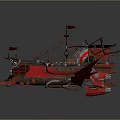 Futuristic Red Fantasy Ship with Orange Deck Mechanical Structures Spiked Sides and Flags 3d model