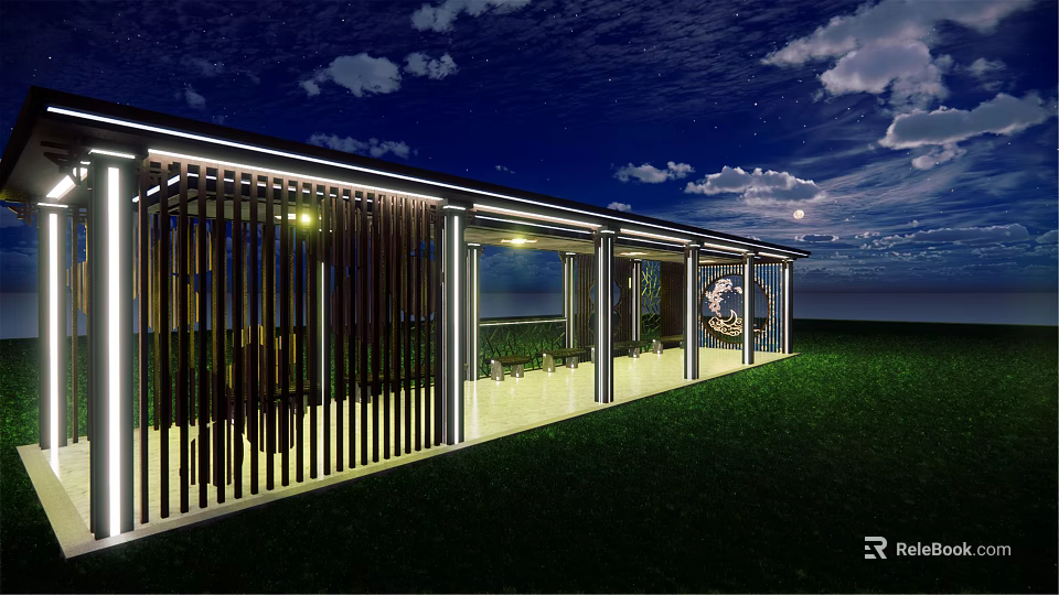 Modern Pergola Design Illuminated At Night With Starry Sky And Green Lawn 3d model 