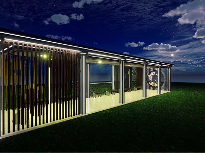 Modern Pergola Design Illuminated At Night With Starry Sky And Green Lawn 3d model