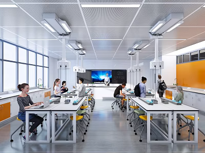Modern Laboratory Interior Featuring Students Working At Tables With Orange Walls And Windows 3d model