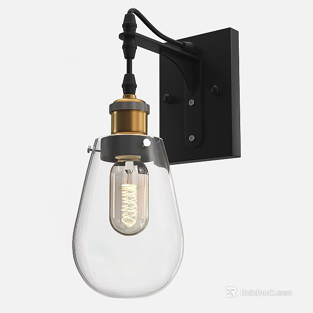 Black Wall Lamp With Golden Base Transparent Glass Shade And Edison Bulb 3d model 