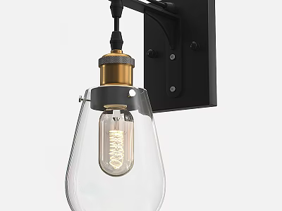 Black Wall Lamp With Golden Base Transparent Glass Shade And Edison Bulb 3d model