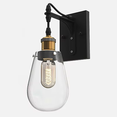 Black Wall Lamp With Golden Base Transparent Glass Shade And Edison Bulb 3d model
