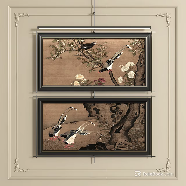 Traditional Chinese Paintings With Birds Flowers And Trees As Wall Decor 3d model 