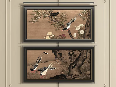 Traditional Chinese Paintings With Birds Flowers And Trees As Wall Decor 3d model