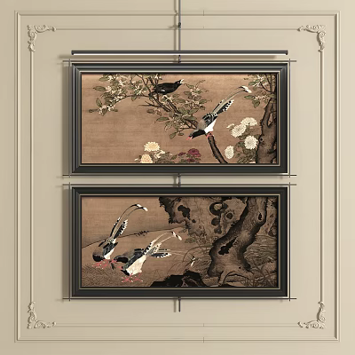 Traditional Chinese Paintings With Birds Flowers And Trees As Wall Decor 3d model